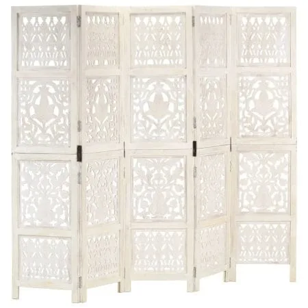 Cloison de séparation 5 panneaux Blanc 200x165 cm Bois manguier