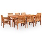 Ensemble à manger d'extérieur 9 pcs et coussins Acacia solide