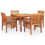 Ensemble à manger d'extérieur 5 pcs et coussins Acacia solide