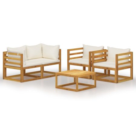 Salon de jardin 5 pcs avec coussin Crème Bois d'acacia solide