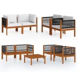 Salon de jardin 5 pièces avec coussins, bois d'acacia crème et corde