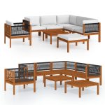 Salon de jardin 8 pièces avec coussins, bois d'acacia crème et corde