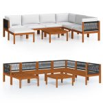 Salon de jardin 8 pièces avec coussins, bois d'acacia crème et corde