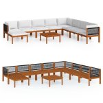 Salon de jardin 9 pièces avec coussins, bois d'acacia crème et corde