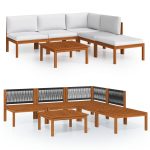 Salon de jardin 6 pièces avec coussins, bois d'acacia crème et corde