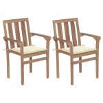 Chaises de jardin lot de 2 et coussins crème Bois teck massif