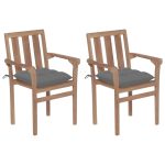 Chaises de jardin lot de 2 et coussins gris Bois de teck massif