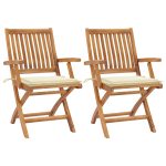 Chaises de jardin lot de 2 et coussins crème Bois teck massif