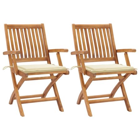 Chaises de jardin lot de 2 et coussins crème Bois teck massif