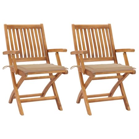 Chaises de jardin lot de 2 et coussins beige Bois teck massif