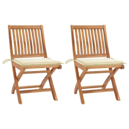 Chaises de jardin lot de 2 et coussins crème Bois teck massif