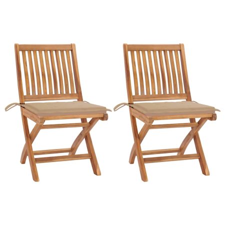 Chaises de jardin lot de 2 et coussins beige Bois teck massif