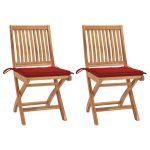 Chaises de jardin lot de 2 et coussins rouge Bois teck massif