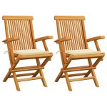Chaises de jardin avec coussins crème lot de 2 Bois teck massif