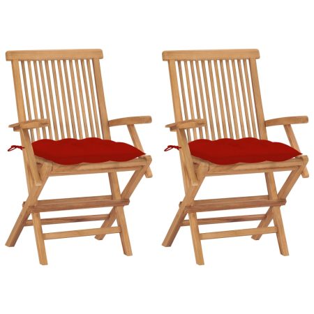 Chaises de jardin avec coussins rouge lot de 2 Bois teck massif