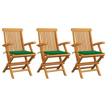 Chaises de jardin avec coussins vert lot de 3 Bois teck massif