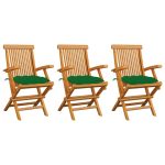 Chaises de jardin avec coussins vert lot de 3 Bois teck massif
