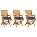 Chaises de jardin avec coussins bleu lot de 3 Bois teck massif