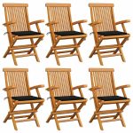 Chaises de jardin avec coussins noir lot de 6 Bois teck massif