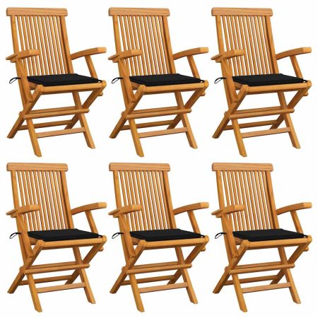Chaises de jardin avec coussins noir lot de 6 Bois teck massif
