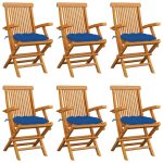 Chaises de jardin avec coussins bleu lot de 6 Bois teck massif