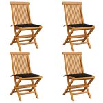 Chaises de jardin et coussins noir lot de 4 Bois de teck massif