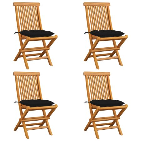 Chaises de jardin et coussins noir lot de 4 Bois de teck massif