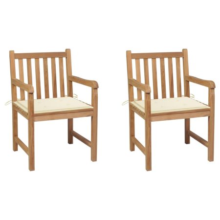 Chaises de jardin lot de 2 et coussins crème Bois teck massif