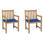 Chaises de jardin lot de 2 avec coussins bleu royal Teck massif