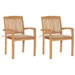Chaises de jardin lot de 2 et coussins beige Bois teck massif