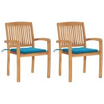 Chaises de jardin lot de 2 et coussins bleu Bois de teck massif