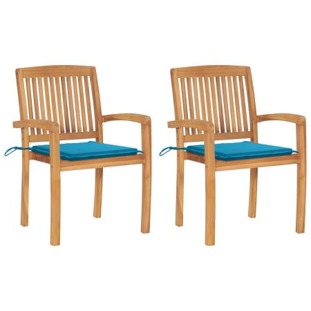 Chaises de jardin lot de 2 et coussins bleu Bois de teck massif