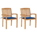 Chaises de jardin lot de 2 avec coussins bleu royal Teck massif