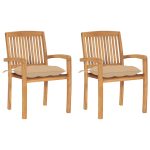 Chaises de jardin lot de 2 et coussins beige Bois teck massif