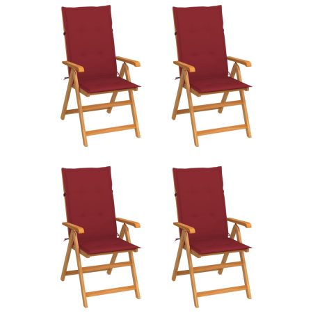 Chaises de jardin lot de 4 avec coussins bordeaux Teck solide