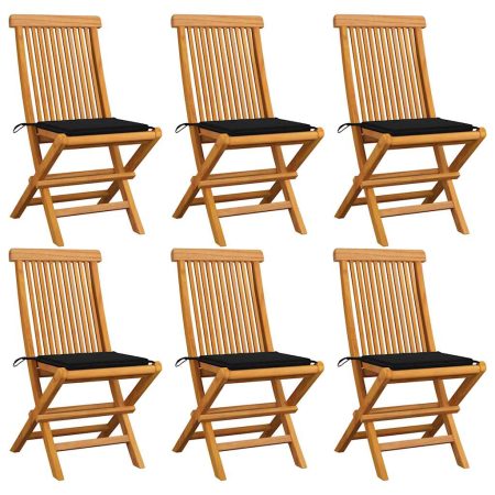 Chaises de jardin et coussins noir lot de 6 Bois de teck massif