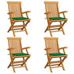 Chaises de jardin et coussins vert lot de 4 Bois de teck massif