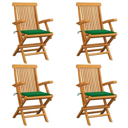 Chaises de jardin et coussins vert lot de 4 Bois de teck massif