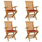 Chaises de jardin et coussins rouge lot de 4 Bois teck massif