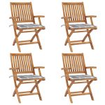 Chaises pliables de jardin avec coussins lot de 4 Teck solide