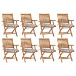 Chaises pliables de jardin avec coussins lot de 8 Teck solide