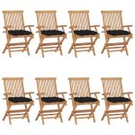 Chaises de jardin avec coussins noir lot de 8 Bois teck massif