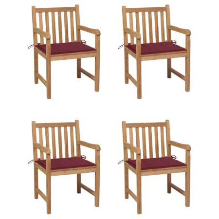 Chaises de jardin lot de 4 avec coussins bordeaux Teck solide