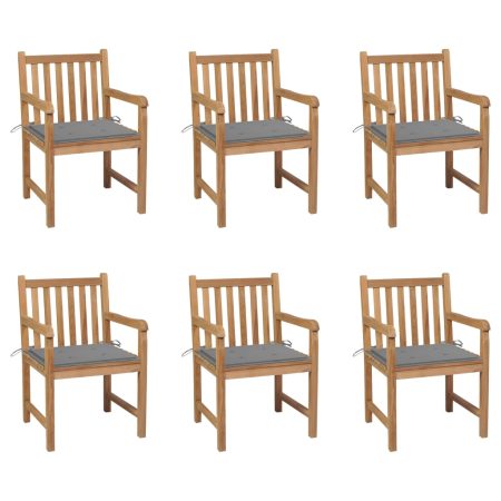Chaises de jardin lot de 6 et coussins gris Bois de teck massif