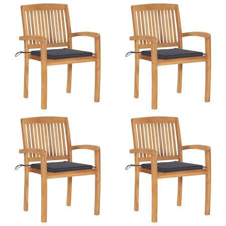 Chaises de jardin empilables avec coussins lot de 4 Teck solide