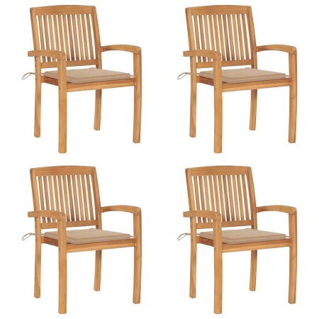 Chaises de jardin empilables avec coussins lot de 4 Teck solide
