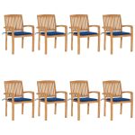 Chaises de jardin empilables avec coussins lot de 8 Teck solide