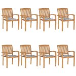 Chaises de jardin empilables avec coussins lot de 8 Teck solide