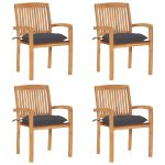 Chaises de jardin empilables avec coussins lot de 4 Teck solide