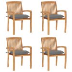 Chaises de jardin empilables avec coussins lot de 4 Teck solide